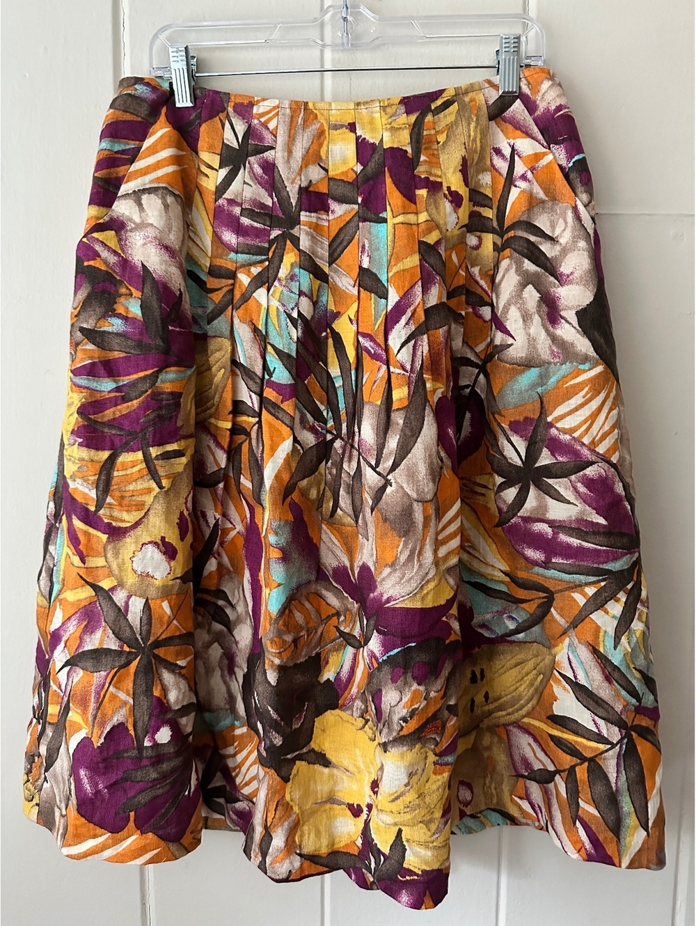 Lafayette 148 New York Linen Autumn Botanical Pleated Midi Skirt Size 12 EUC